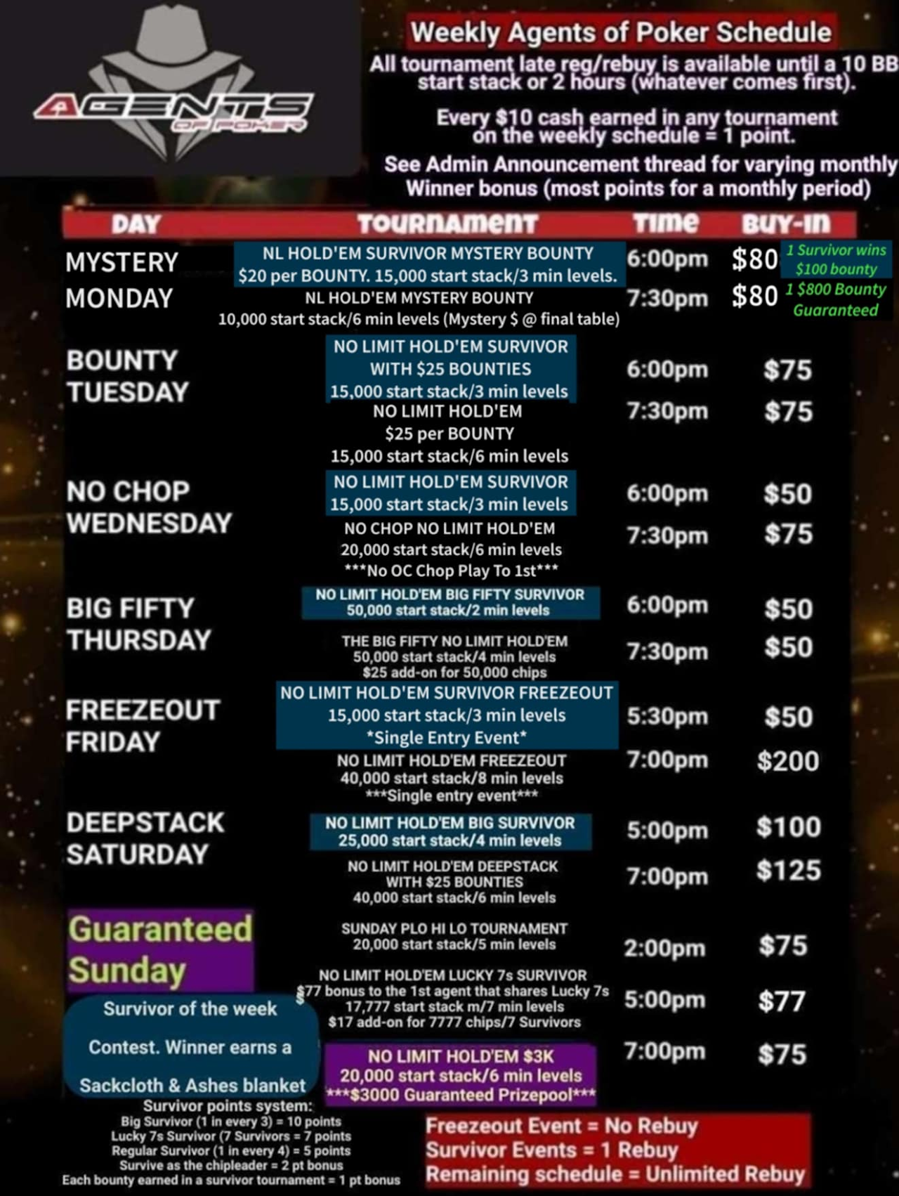 Weekly tournament schedule